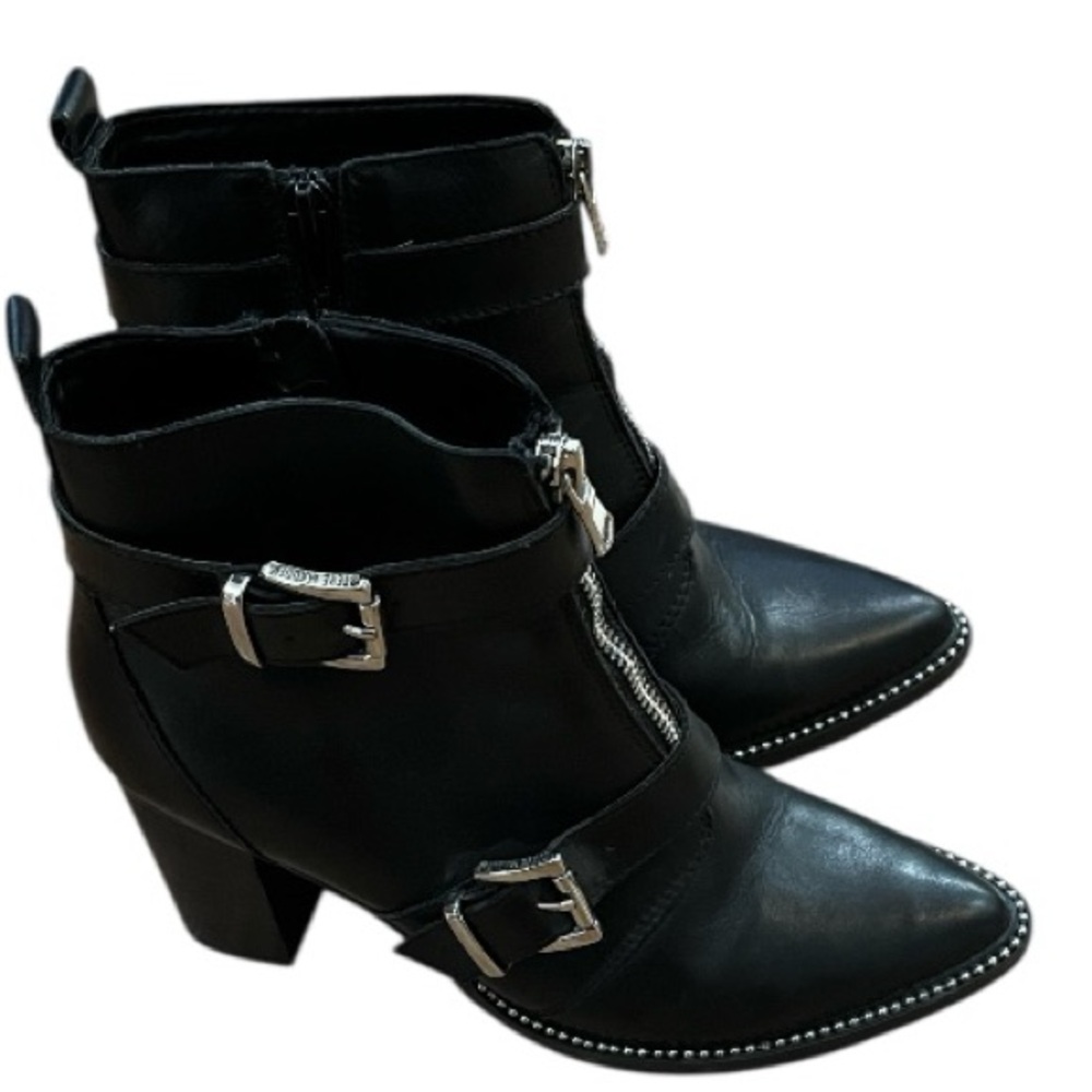 STEVE MADDEN HALLE LEATHER MOTO HEELED ANKLE BOOTS BLACK WITH SILVER STUDS SZ 7